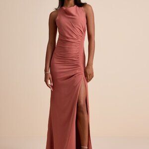 Lulus Mikaila Rusty Rose Cowl Neck Ruched Column Maxi Dress Pink - XS - NWT